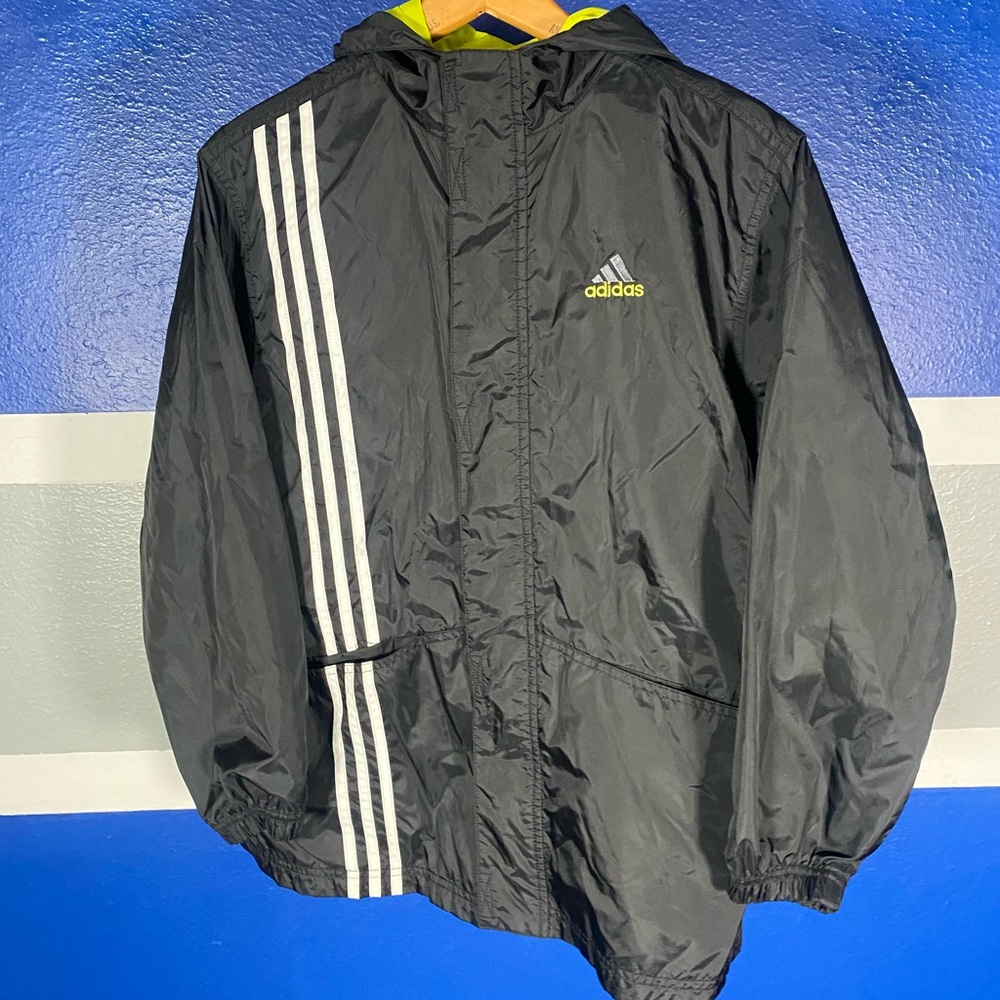 Youth Vintage 90's Adidas Black White Neon Green Windbreaker Track Jacket Sz L